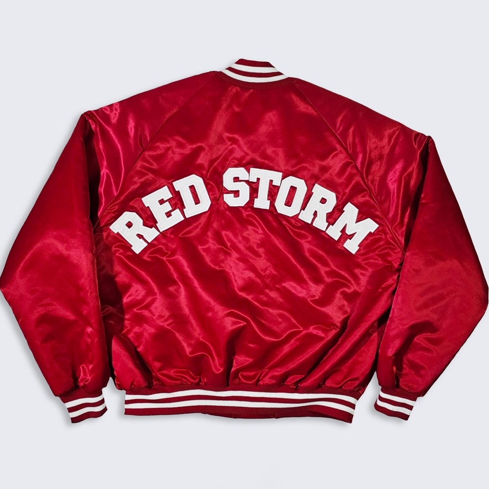 St John's Red Storm Vintage 90s Chalk Line Satin Bomber Jacket